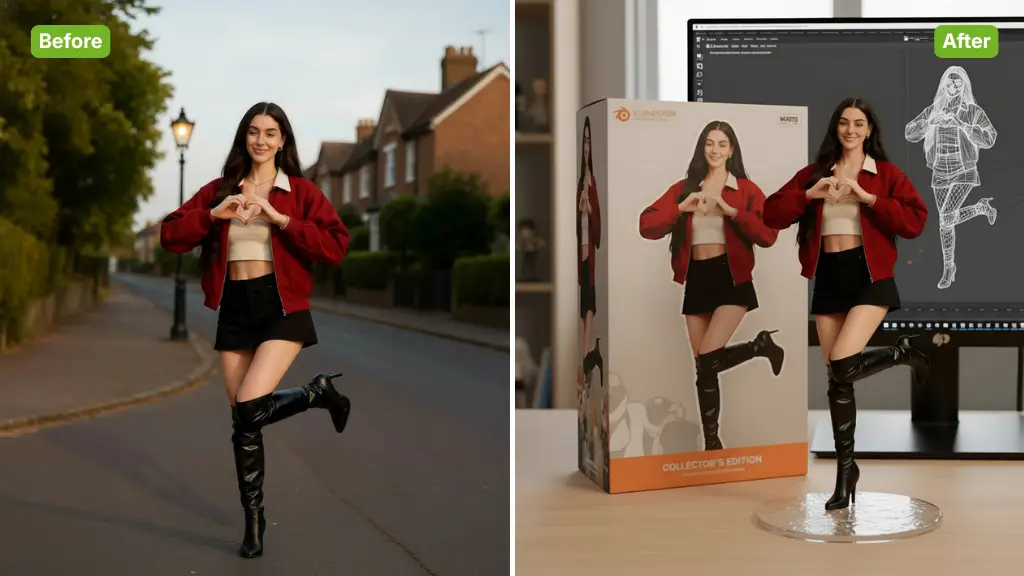 Before and after: photo to AI action figure with collector packaging