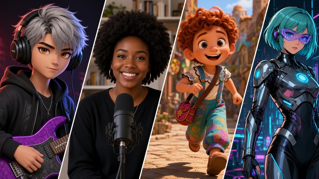 Example collage: 3D rocker avatar, podcast portrait, Pixar-style character, and cyberpunk anime — one generator, many looks