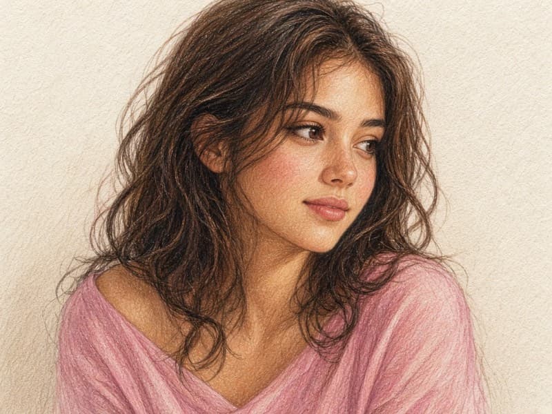 Colored pencil portrait with layered strokes and visible grain