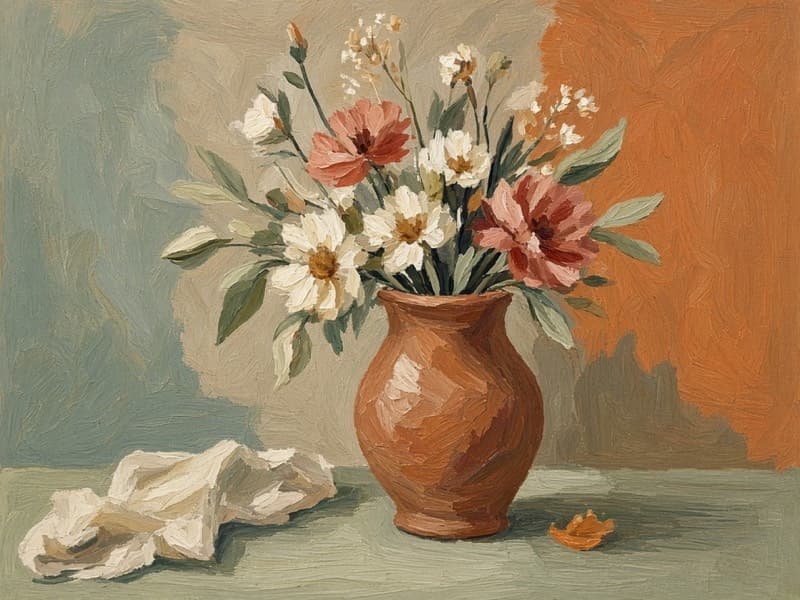 Gouache still-life painting with opaque matte color blocks