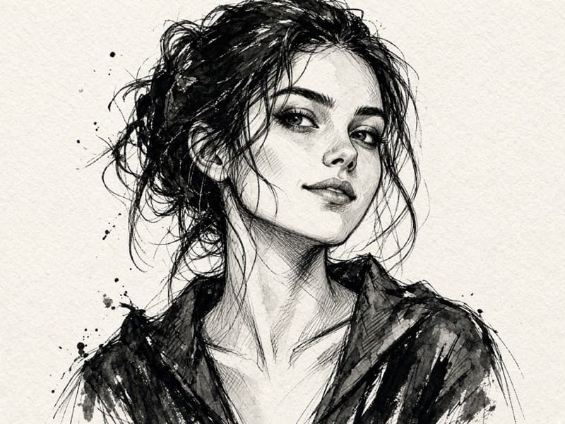 Ink illustration portrait with bold linework and high contrast