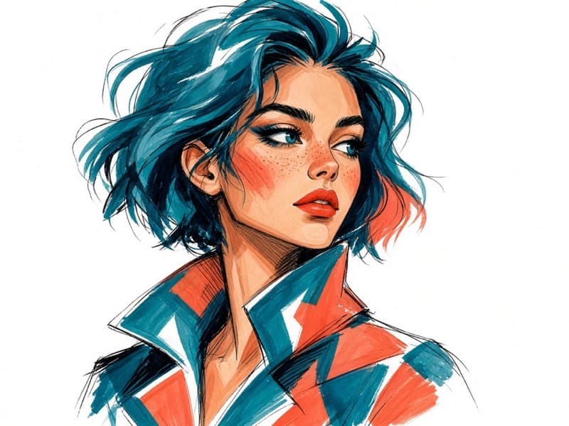 Marker-style fashion illustration with bold strokes and vivid colors