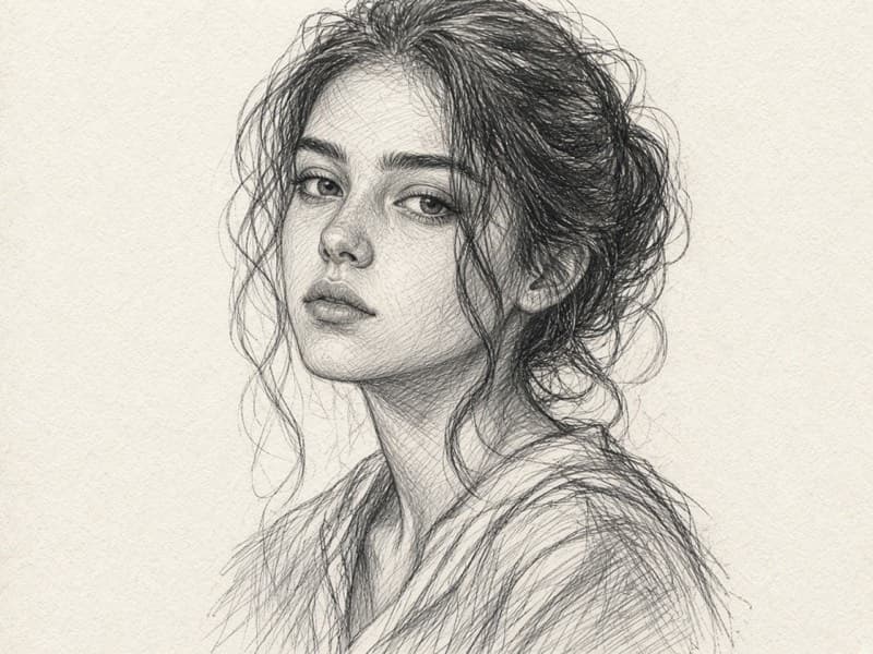 Graphite pencil sketch portrait with hatching and tonal shading