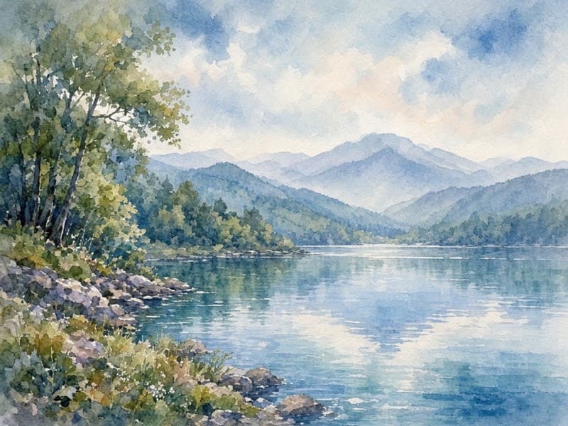 Watercolor landscape with soft pigment washes and paper texture